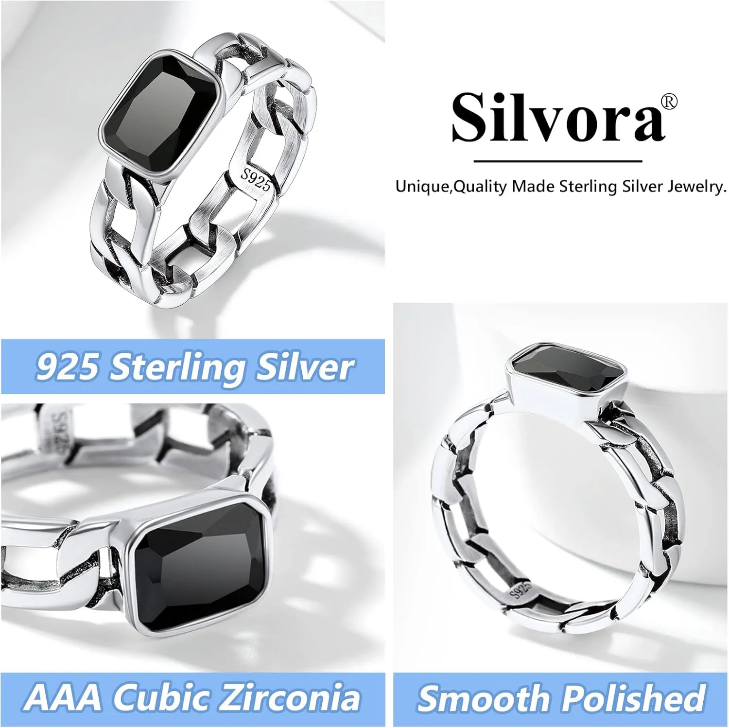Silvora Cuban Link Chain Band Ring with CZ Sterling Silver Jewelry Wedding Engagement Gift with Delicate Packaging