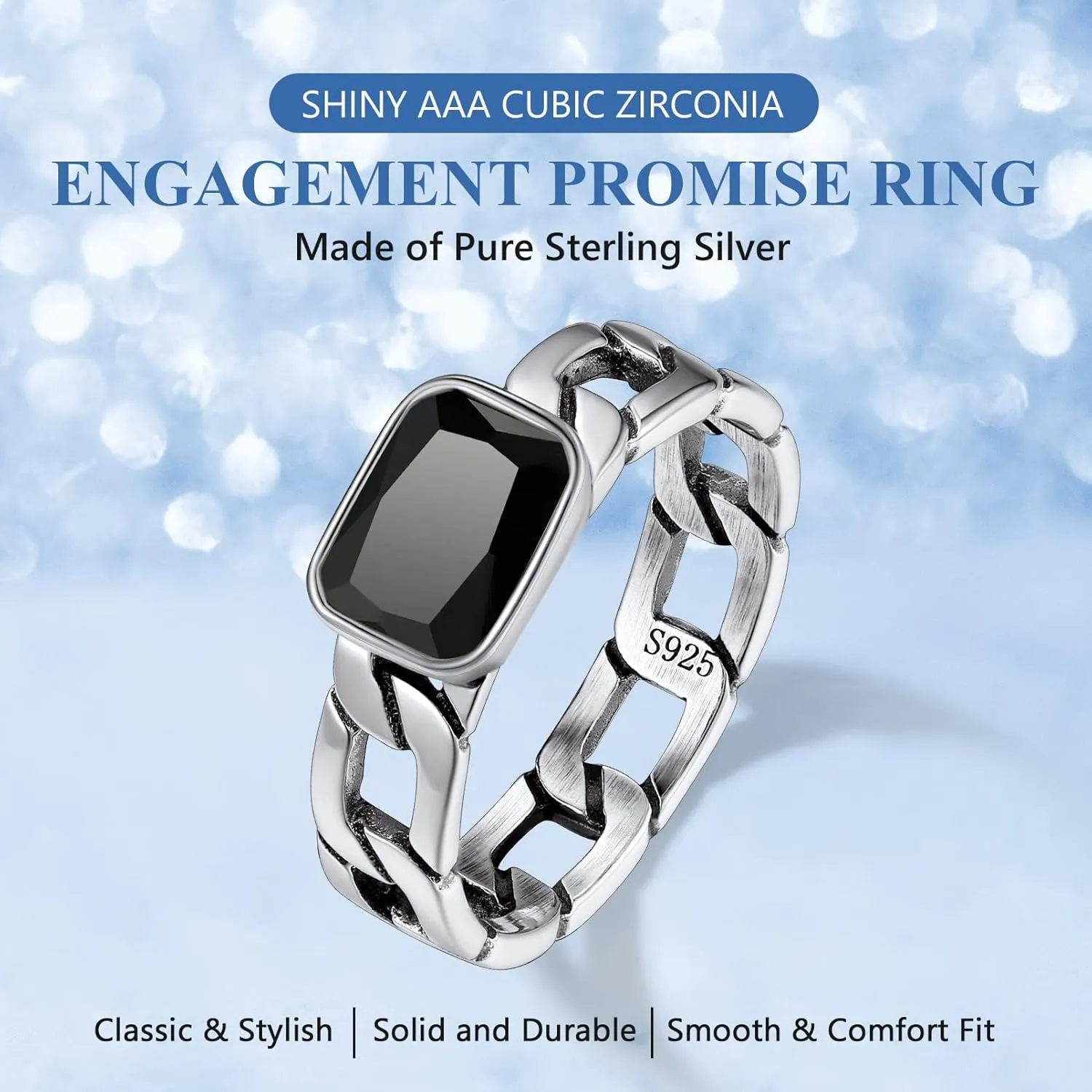 Silvora Cuban Link Chain Band Ring with CZ Sterling Silver Jewelry Wedding Engagement Gift with Delicate Packaging