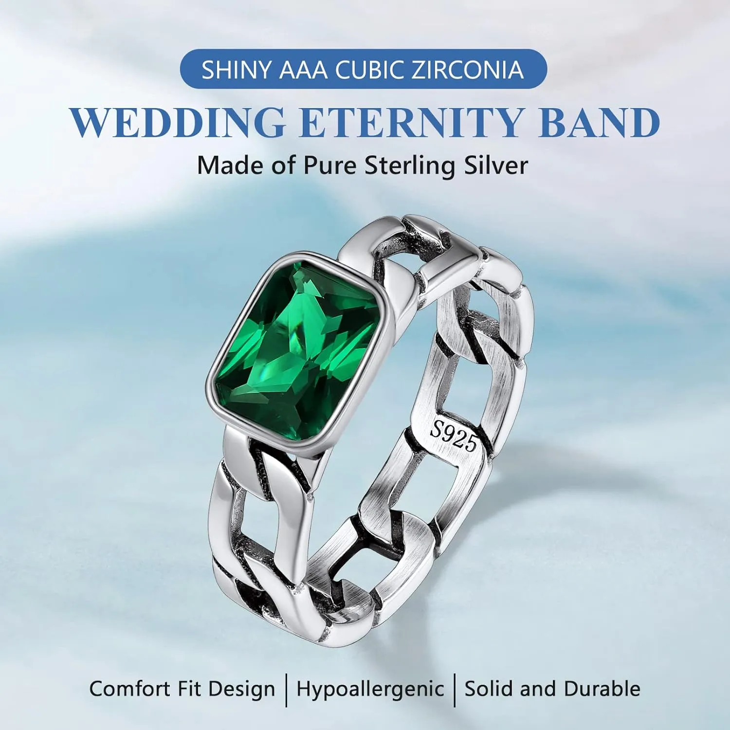 Silvora Cuban Link Chain Band Ring with CZ Sterling Silver Jewelry Wedding Engagement Gift with Delicate Packaging
