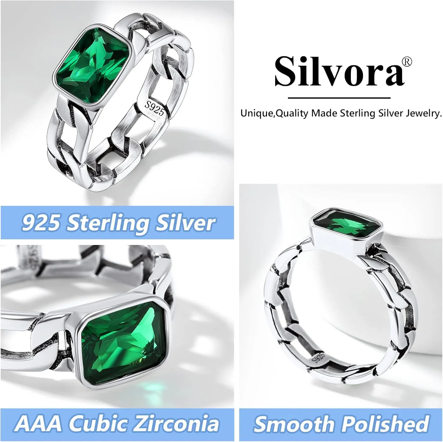 Silvora Cuban Link Chain Band Ring with CZ Sterling Silver Jewelry Wedding Engagement Gift with Delicate Packaging