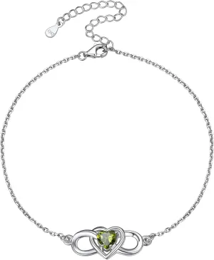 Silvora Heart Infinity Sterling Silver Birthstone Anklet for Women Teen Girls with Delicate Gift Packaging