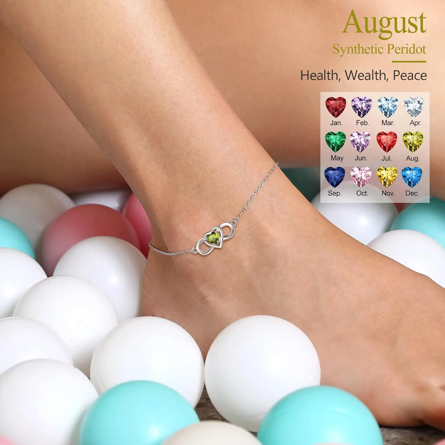 Silvora Heart Infinity Sterling Silver Birthstone Anklet for Women Teen Girls with Delicate Gift Packaging
