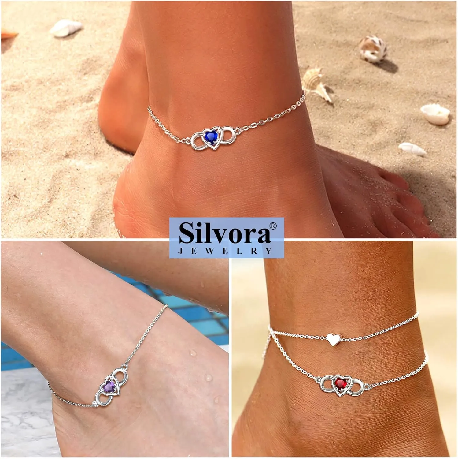 Silvora Heart Infinity Sterling Silver Birthstone Anklet for Women Teen Girls with Delicate Gift Packaging