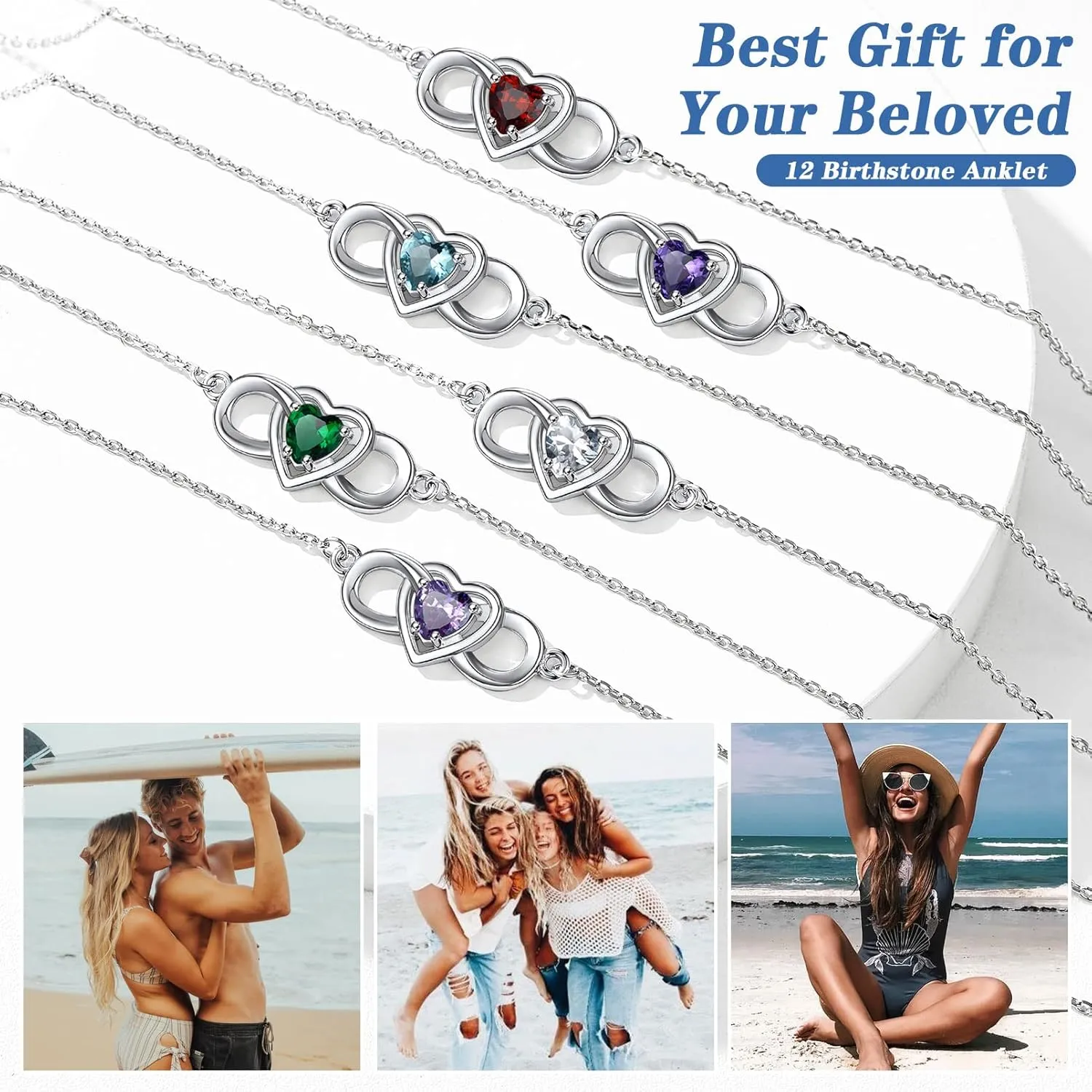 Silvora Heart Infinity Sterling Silver Birthstone Anklet for Women Teen Girls with Delicate Gift Packaging