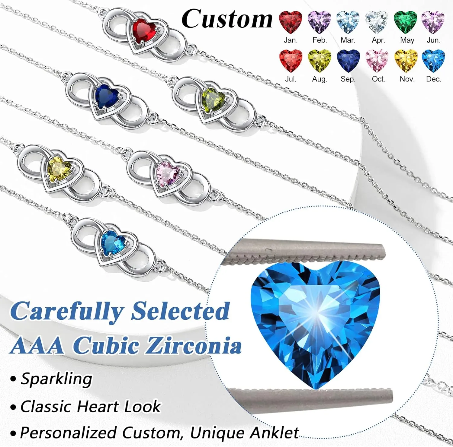 Silvora Heart Infinity Sterling Silver Birthstone Anklet for Women Teen Girls with Delicate Gift Packaging