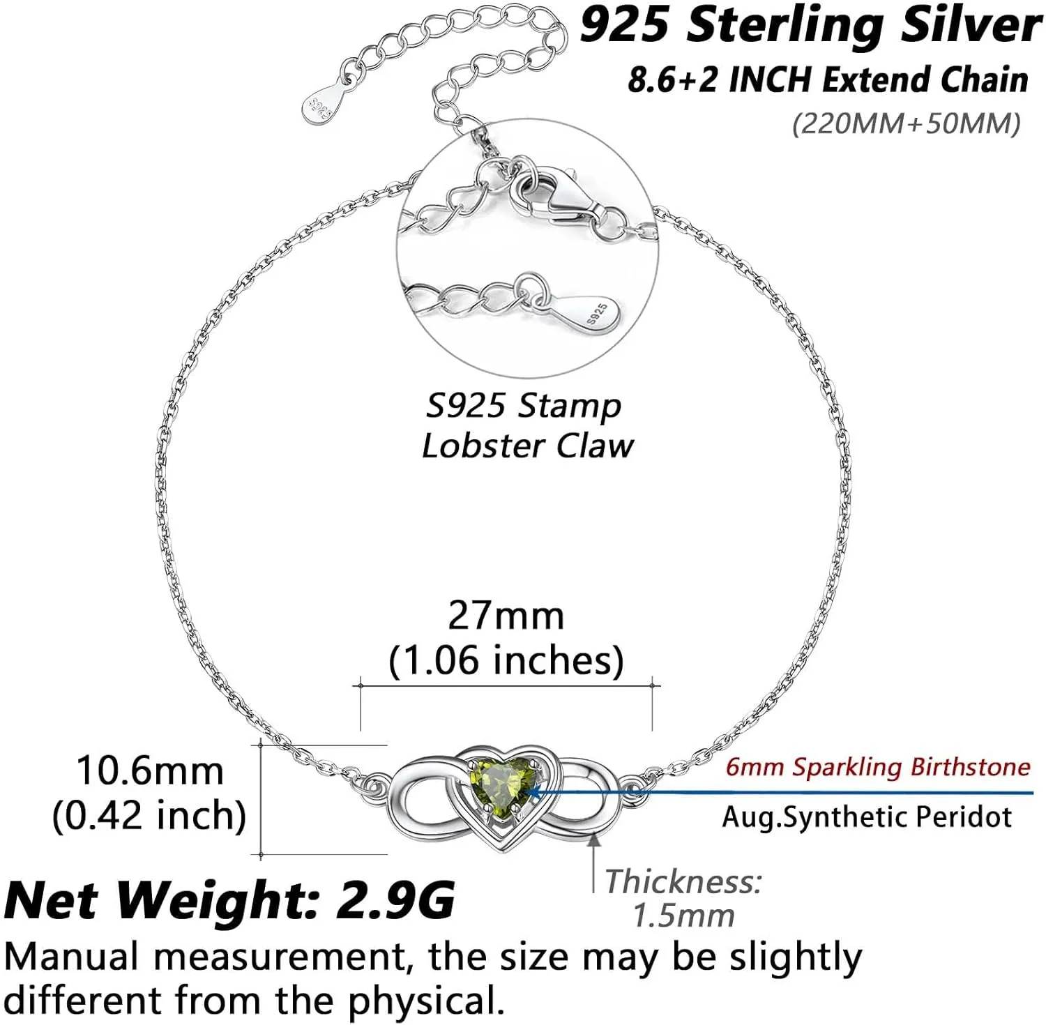 Silvora Heart Infinity Sterling Silver Birthstone Anklet for Women Teen Girls with Delicate Gift Packaging