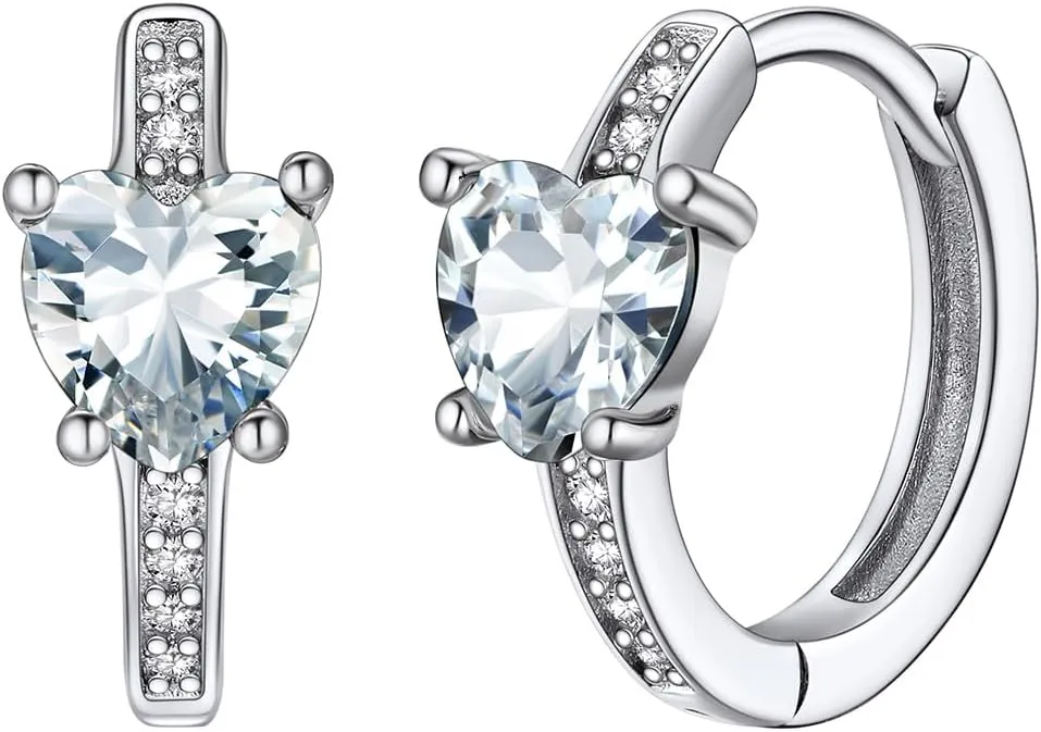 Silvora S925 Sterling Silver Birthstone Earrings, 10mm Inner Diameter with Heart/Round Shaped CZ Stone, Hoop Earrings for Women - Birthstone Jewelry