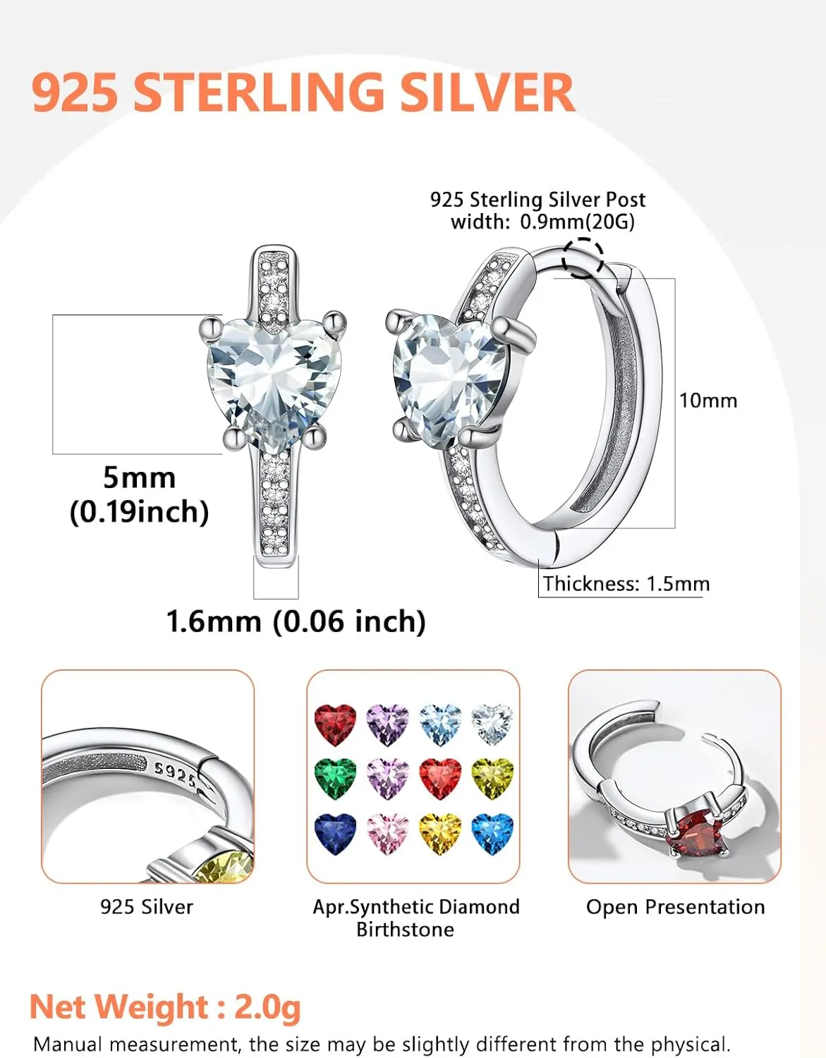 Silvora S925 Sterling Silver Birthstone Earrings, 10mm Inner Diameter with Heart/Round Shaped CZ Stone, Hoop Earrings for Women - Birthstone Jewelry