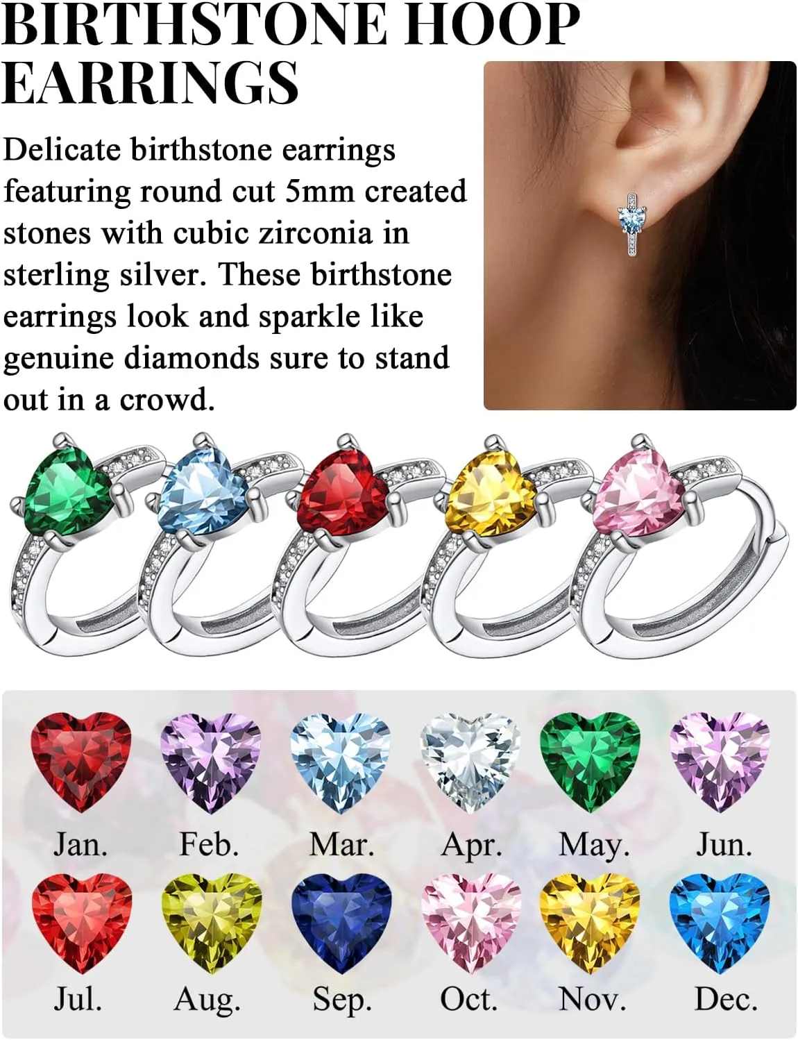 Silvora S925 Sterling Silver Birthstone Earrings, 10mm Inner Diameter with Heart/Round Shaped CZ Stone, Hoop Earrings for Women - Birthstone Jewelry