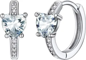 Silvora S925 Sterling Silver Birthstone Earrings, 10mm Inner Diameter with Heart/Round Shaped CZ Stone, Hoop Earrings for Women - Birthstone Jewelry