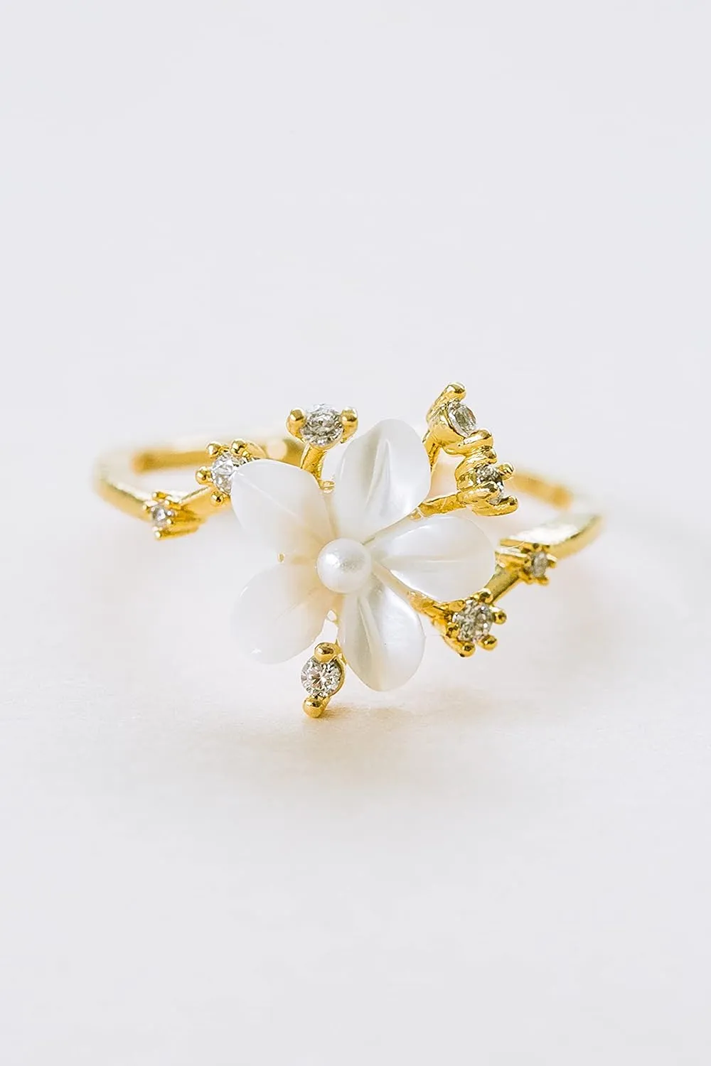 Simulated Diamond Cz Bohemian Delicate White Mother of Pearl Flower Angel Leaf Wrap Around Adjustable Adjust Band Ring