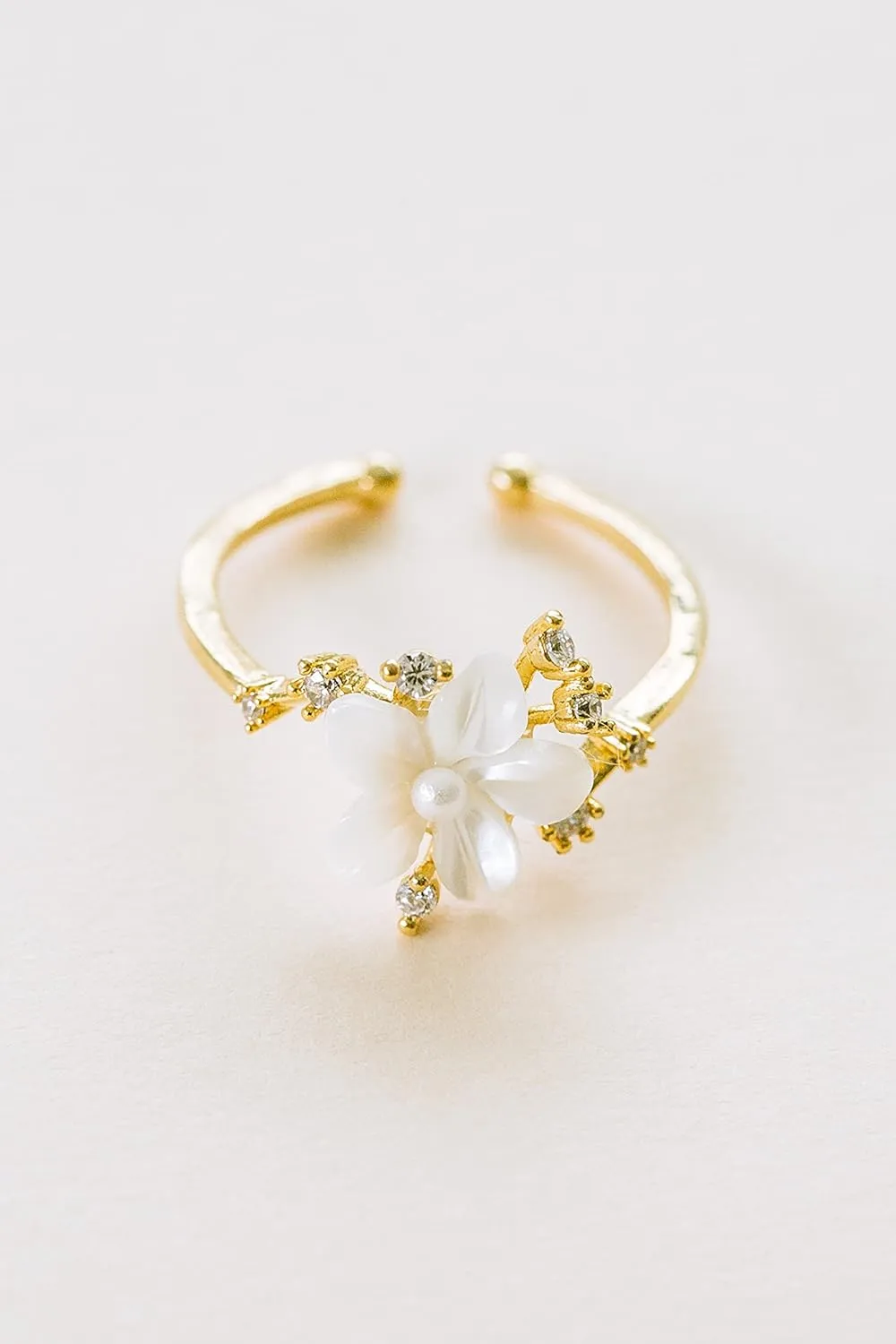 Simulated Diamond Cz Bohemian Delicate White Mother of Pearl Flower Angel Leaf Wrap Around Adjustable Adjust Band Ring