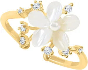 Simulated Diamond Cz Bohemian Delicate White Mother of Pearl Flower Angel Leaf Wrap Around Adjustable Adjust Band Ring