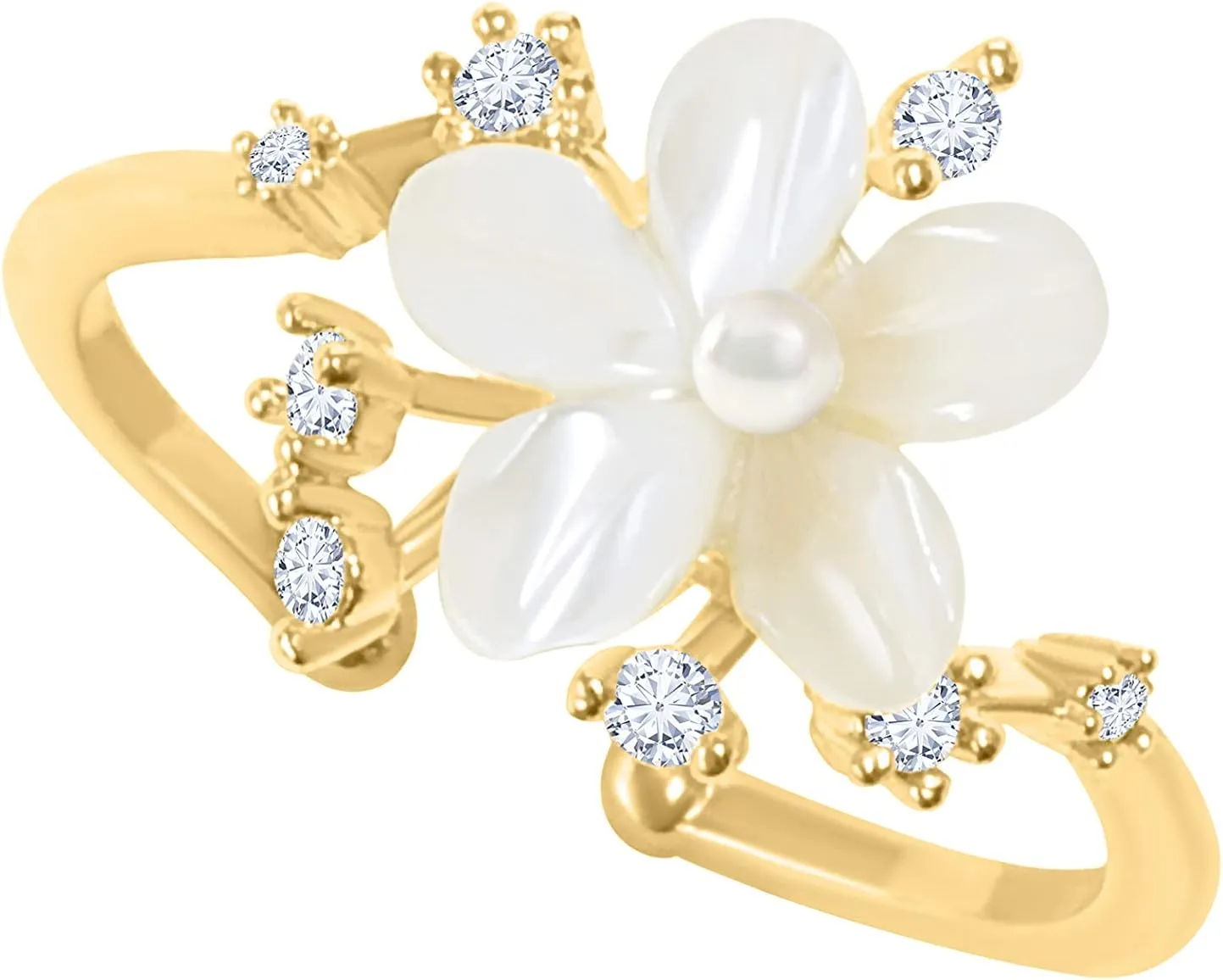 Simulated Diamond Cz Bohemian Delicate White Mother of Pearl Flower Angel Leaf Wrap Around Adjustable Adjust Band Ring