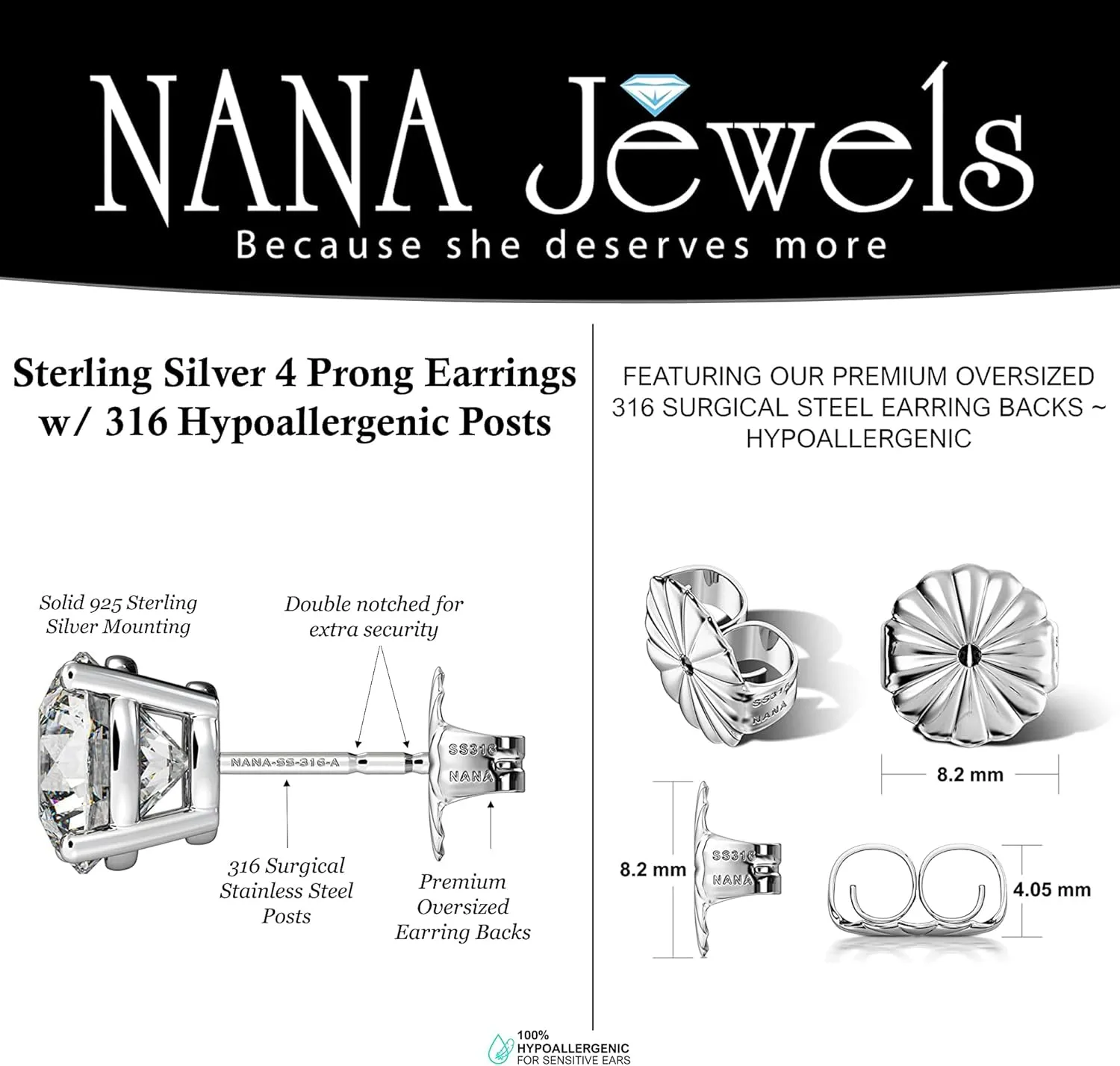 Simulated Diamond Stud Earrings Round Sterling Silver Hypoallergenic 0.30-8.00cttw