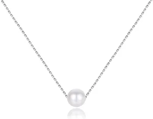 Single Pearl Necklace for Women 925 Sterling Silver Freshwater Cultured 6.5mm - 7mm Pearls Choker Genuine Floating Pearls Necklaces Real Round White