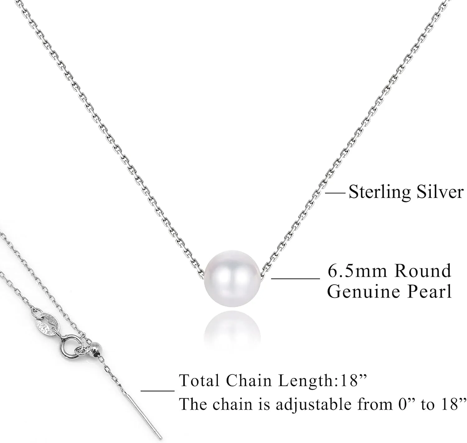 Single Pearl Necklace for Women 925 Sterling Silver Freshwater Cultured 6.5mm - 7mm Pearls Choker Genuine Floating Pearls Necklaces Real Round White