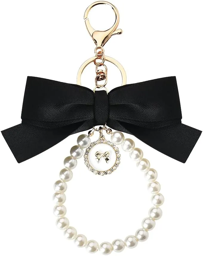 Sisadodo Bow Pearl Wristlet Keychain Bracelet Bowknot Bag Charm for Purse Backpack Pendant Bow Accessories for Women Girls