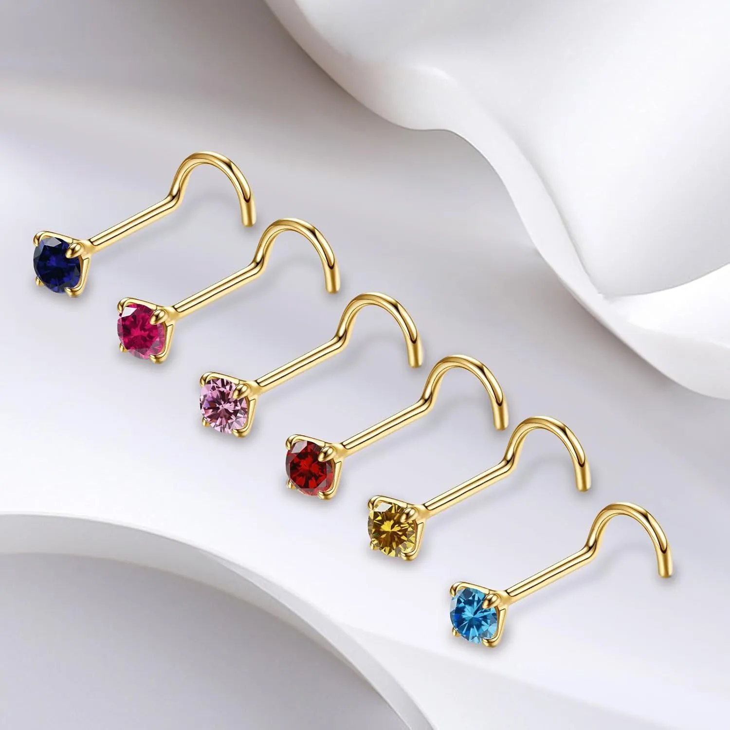 Small Gold Birthstone Nose Stud for Women 20G, Hypoallergenic Nostril Solid 3mm Round CZ Nose Rings Studs for Women Tiny Gold Nose Piercing Jewelry(6.June-Alexandrite)