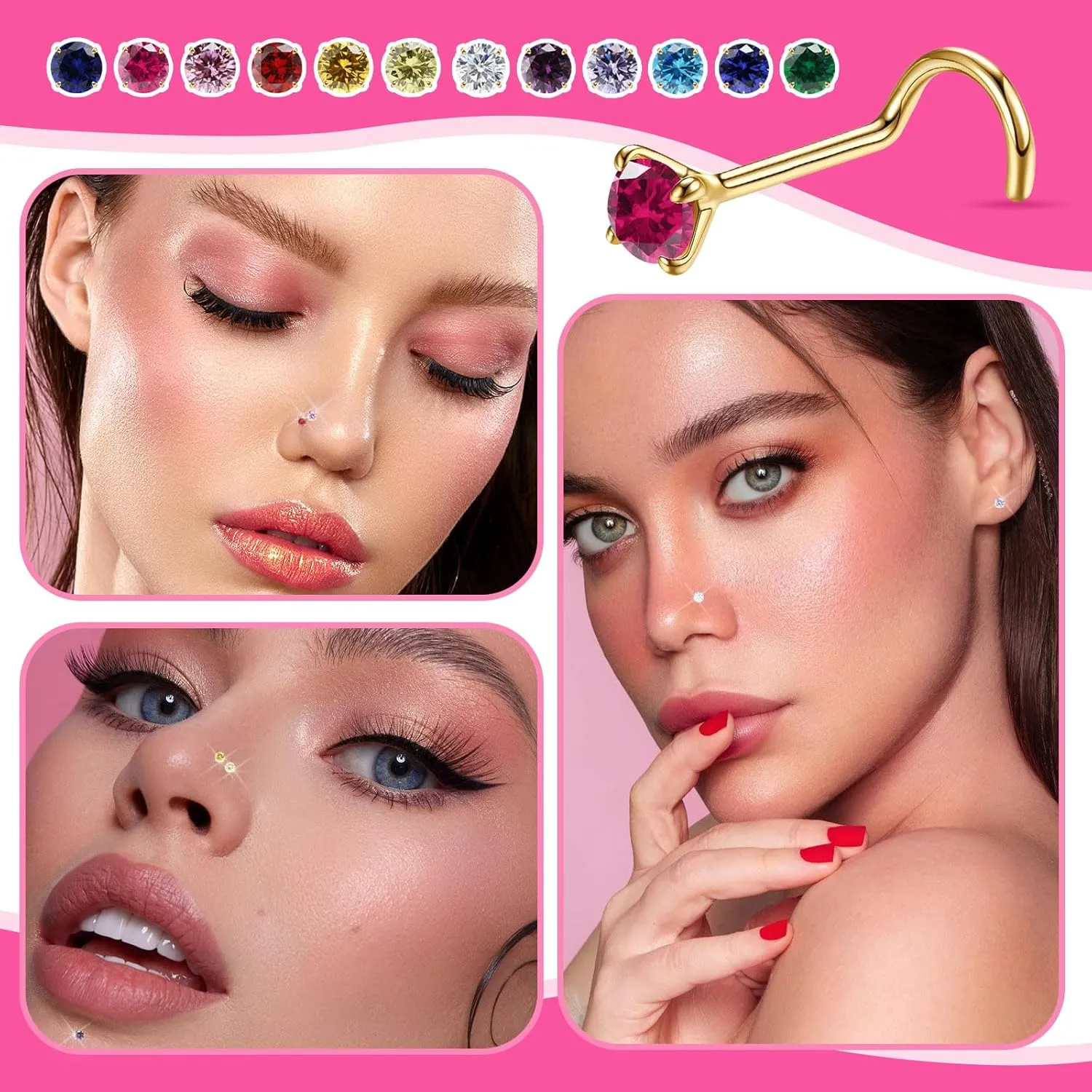 Small Gold Birthstone Nose Stud for Women 20G, Hypoallergenic Nostril Solid 3mm Round CZ Nose Rings Studs for Women Tiny Gold Nose Piercing Jewelry(6.June-Alexandrite)