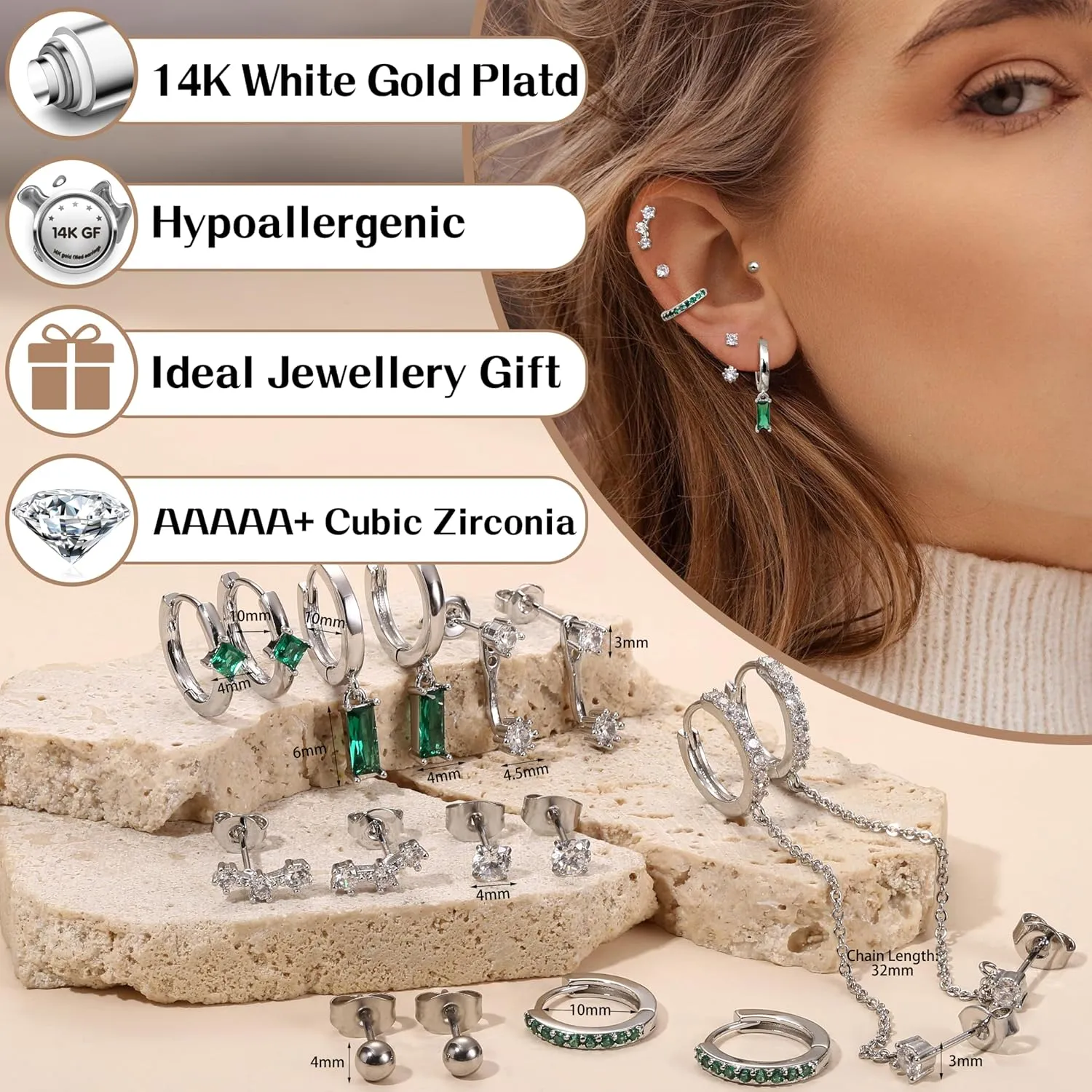 Small Gold Hoop Earrings Set for Women - 14K Gold Plated Hypoallergenic Huggie Hoop Studs Earring Stacks for Sensitive Ears - Cartilage Earring Sets for Multiple Piercing 8 Pairs
