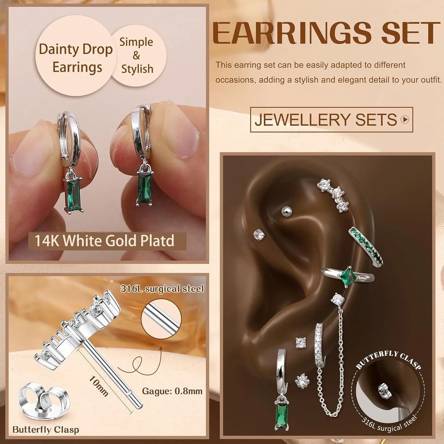 Small Gold Hoop Earrings Set for Women - 14K Gold Plated Hypoallergenic Huggie Hoop Studs Earring Stacks for Sensitive Ears - Cartilage Earring Sets for Multiple Piercing 8 Pairs