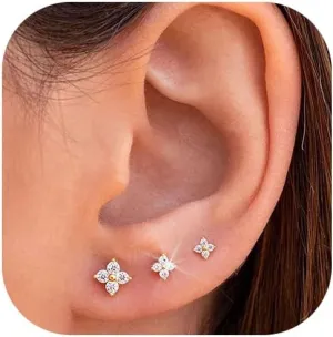 Small Gold Stud Earrings for Women, 14K Gold Plated Dainty Tiny Flower Shaped 4 Cubic Zirconia Minimalist Studs Earrings Set for Gift