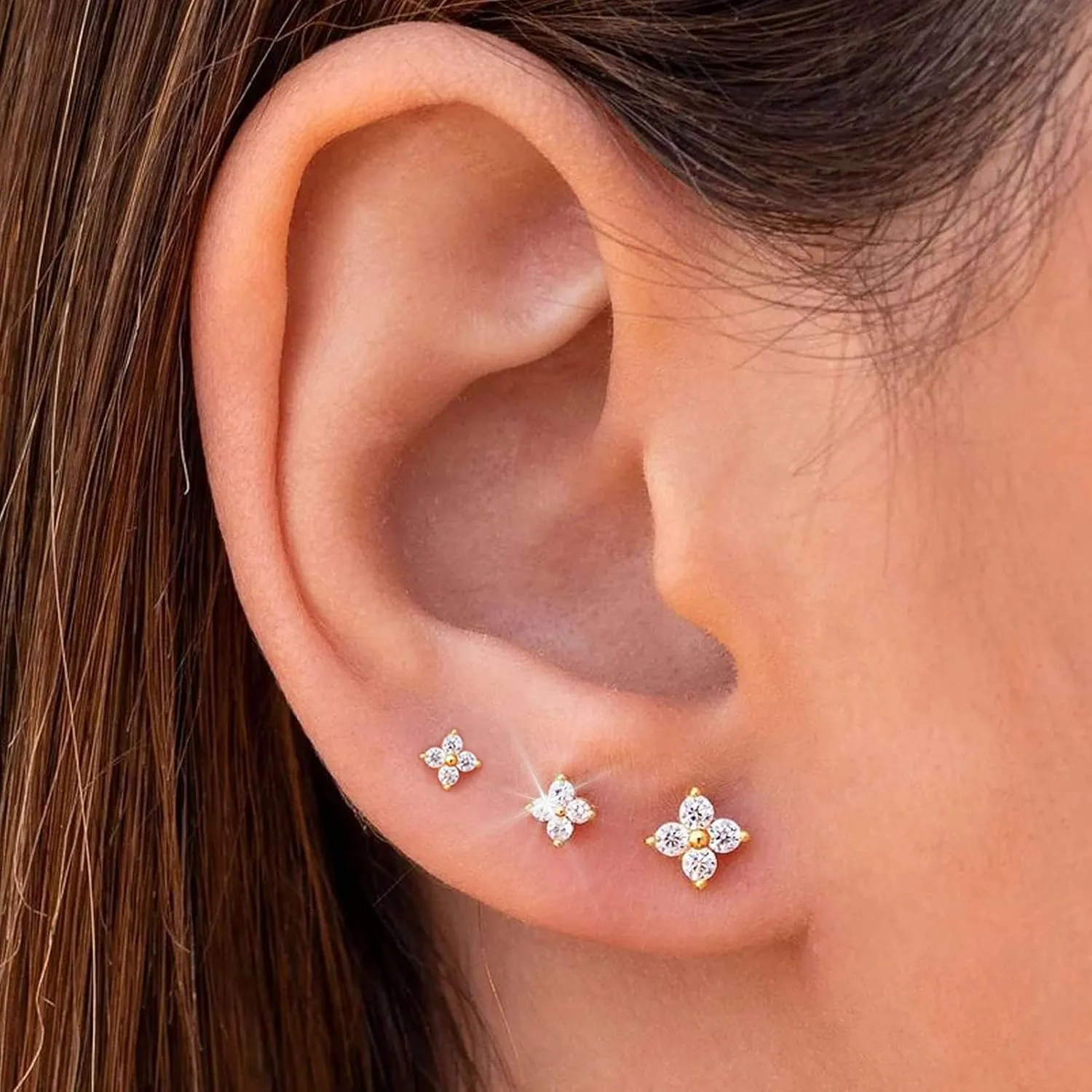 Small Gold Stud Earrings for Women, 14K Gold Plated Dainty Tiny Flower Shaped 4 Cubic Zirconia Minimalist Studs Earrings Set for Gift