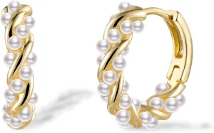 Small Pearl Hoop Earrings for Women, Twisted Huggie Hoop Earrings with Tiny Pearls Hypoallergenic Jewelry 16mm