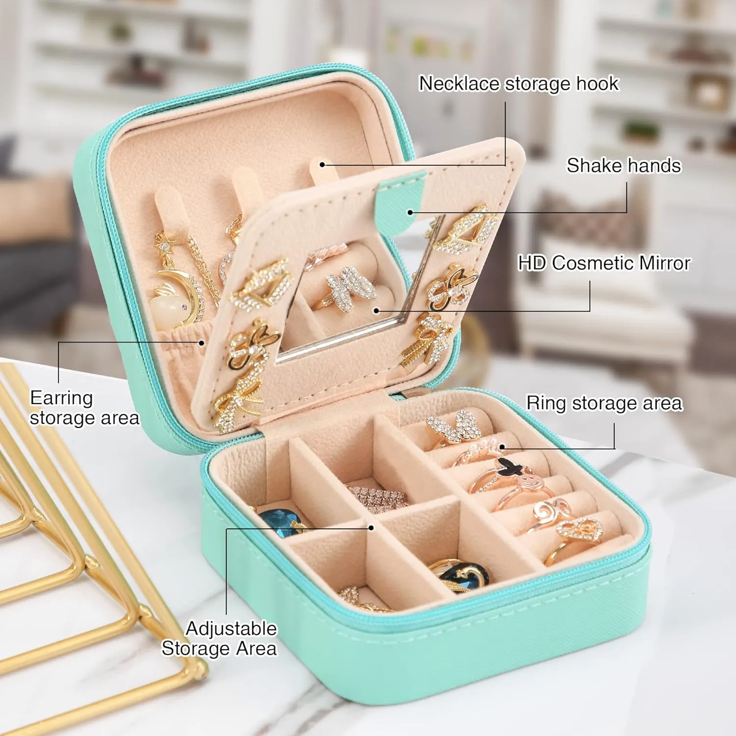 Small Travel Jewelry Box With Mirror, Portable Jewelry organizer Display Storage Box for Earrings Rings Necklaces, Jewelry ase for female Girls (blue) 1pc