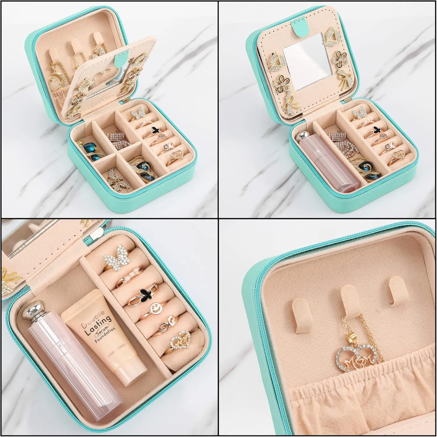 Small Travel Jewelry Box With Mirror, Portable Jewelry organizer Display Storage Box for Earrings Rings Necklaces, Jewelry ase for female Girls (blue) 1pc