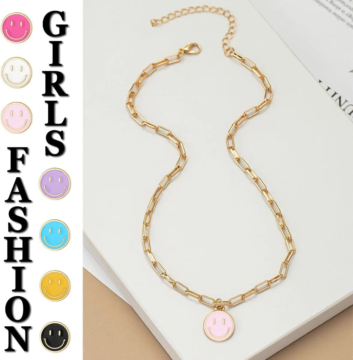 Smile Pendant Necklace Smile Face Chain Necklace Paperclip Necklace Cute Round Pendant Necklace Preppy Jewelry for Women Girls