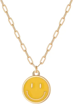 Smile Pendant Necklace Smile Face Chain Necklace Paperclip Necklace Cute Round Pendant Necklace Preppy Jewelry for Women Girls