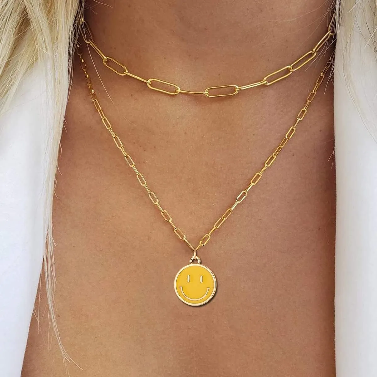 Smile Pendant Necklace Smile Face Chain Necklace Paperclip Necklace Cute Round Pendant Necklace Preppy Jewelry for Women Girls