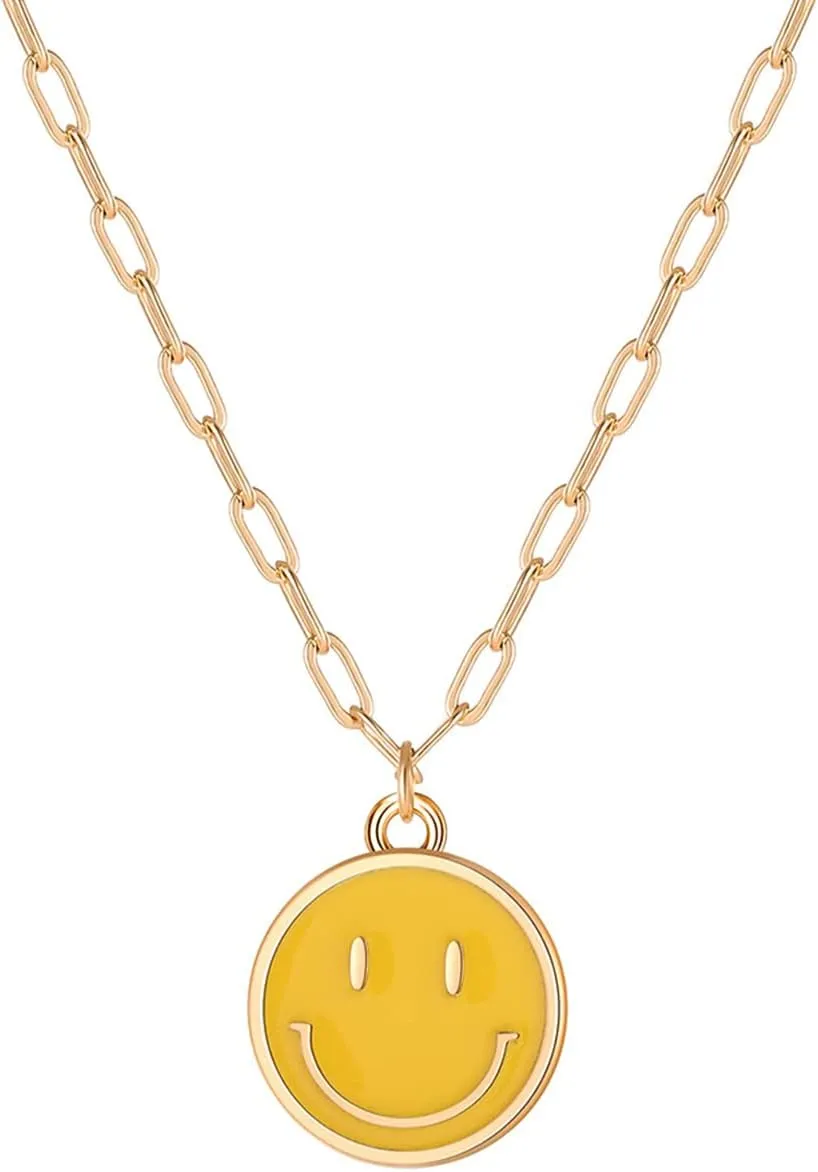 Smile Pendant Necklace Smile Face Chain Necklace Paperclip Necklace Cute Round Pendant Necklace Preppy Jewelry for Women Girls