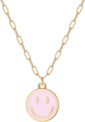 Smile Pendant Necklace Smile Face Chain Necklace Paperclip Necklace Cute Round Pendant Necklace Preppy Jewelry for Women Girls