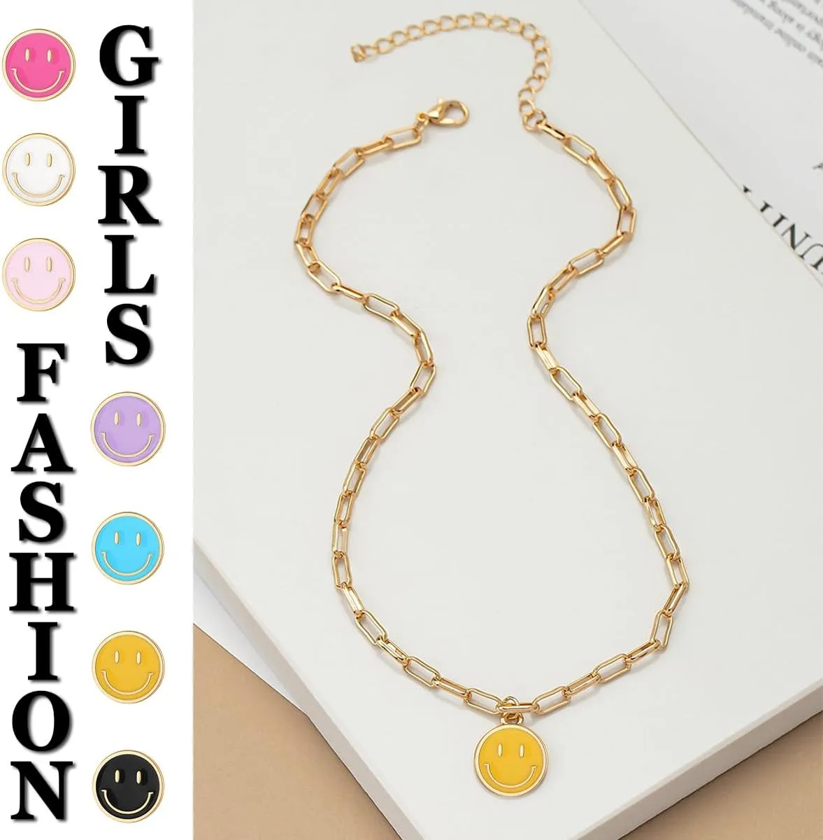 Smile Pendant Necklace Smile Face Chain Necklace Paperclip Necklace Cute Round Pendant Necklace Preppy Jewelry for Women Girls