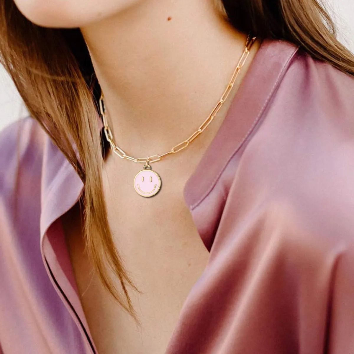 Smile Pendant Necklace Smile Face Chain Necklace Paperclip Necklace Cute Round Pendant Necklace Preppy Jewelry for Women Girls