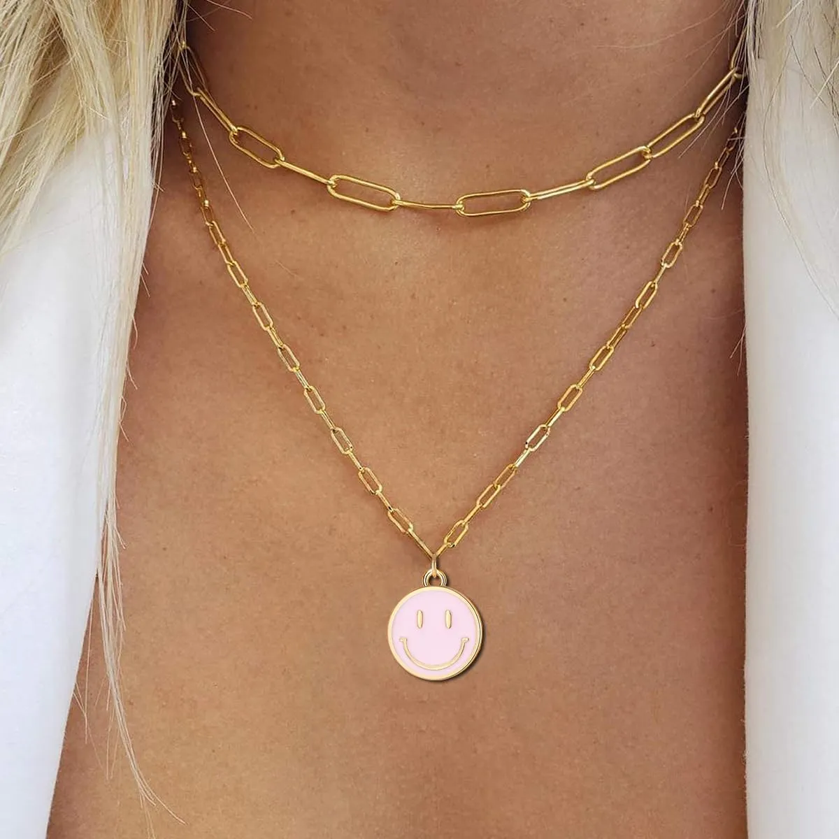 Smile Pendant Necklace Smile Face Chain Necklace Paperclip Necklace Cute Round Pendant Necklace Preppy Jewelry for Women Girls