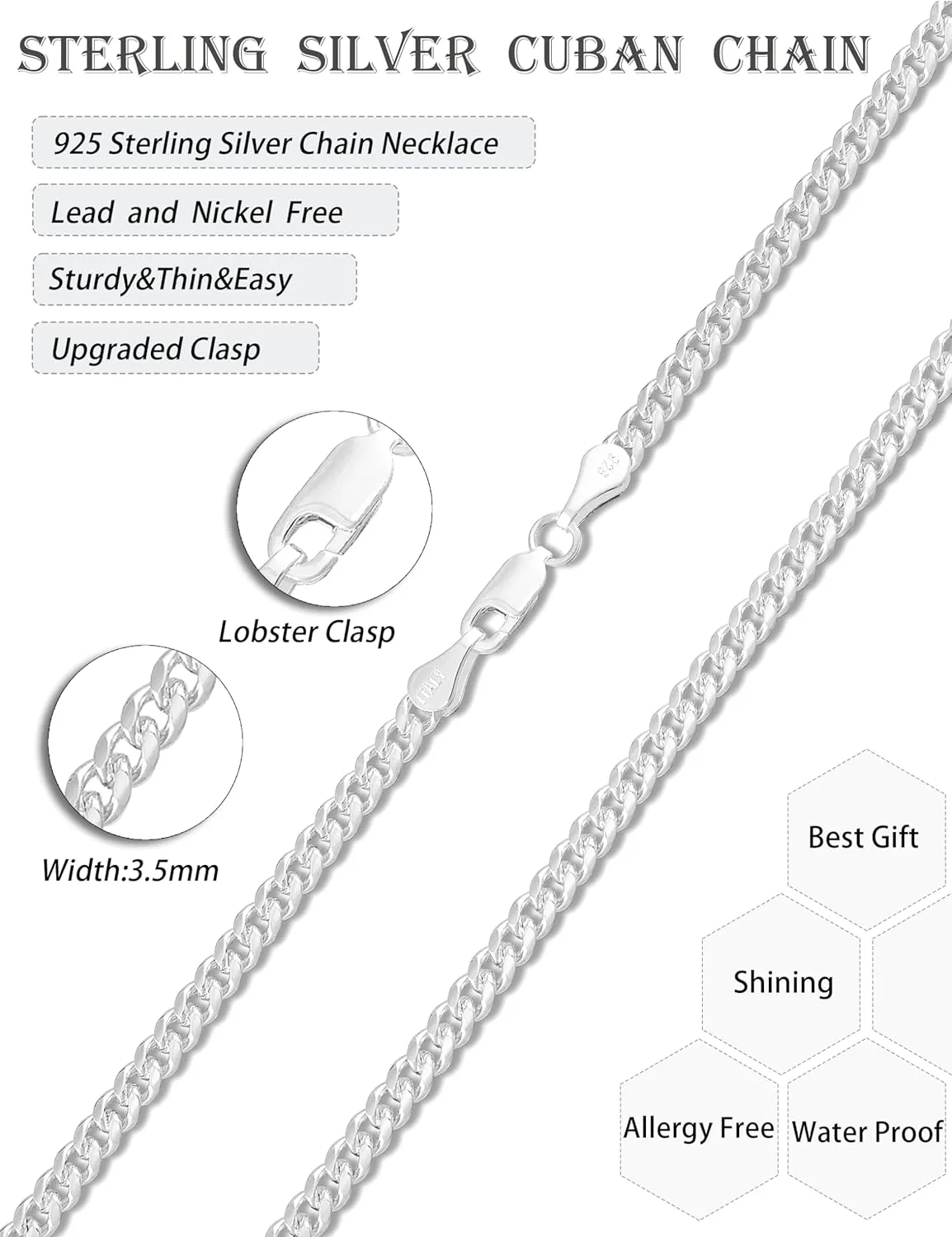 Solid 925 Sterling Silver 3.5/5/7/10mm Cuban Link Curb Chain Necklace for Men Women 925 Sterling Silver Chain 16-30 Inches Made in Italy