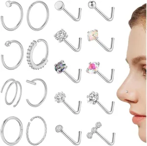 SONNYX 18PCS 14K Gold Nose Rings Studs 316L surgical Steel Nose Rings Hoops L Shaped Nose Ring Stud Hypoallergenic Gold Silver Nose Piercing Jewelry for Women