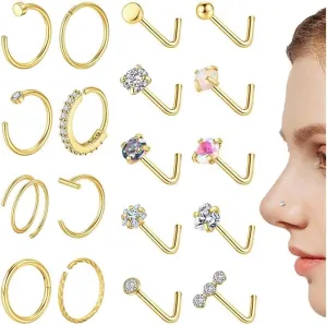 SONNYX 18PCS 14K Gold Nose Rings Studs 316L surgical Steel Nose Rings Hoops L Shaped Nose Ring Stud Hypoallergenic Gold Silver Nose Piercing Jewelry for Women