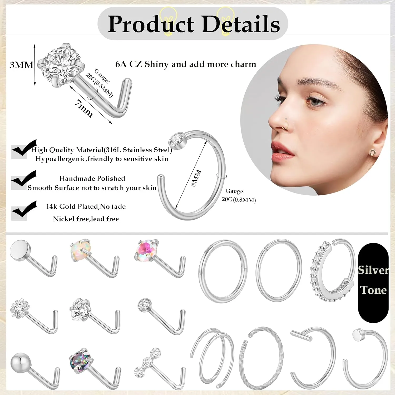SONNYX 18PCS 14K Gold Nose Rings Studs 316L surgical Steel Nose Rings Hoops L Shaped Nose Ring Stud Hypoallergenic Gold Silver Nose Piercing Jewelry for Women