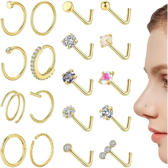 SONNYX 18PCS 14K Gold Nose Rings Studs 316L surgical Steel Nose Rings Hoops L Shaped Nose Ring Stud Hypoallergenic Gold Silver Nose Piercing Jewelry for Women