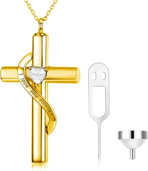 SOULMEET Personalize Solid 10k 14k 18k Real Gold Birthstone Cross Locket for Ashes, Simulated Gemstone Cross Urn Necklaces with Gold Chain Keepsake Cremation Jewelry