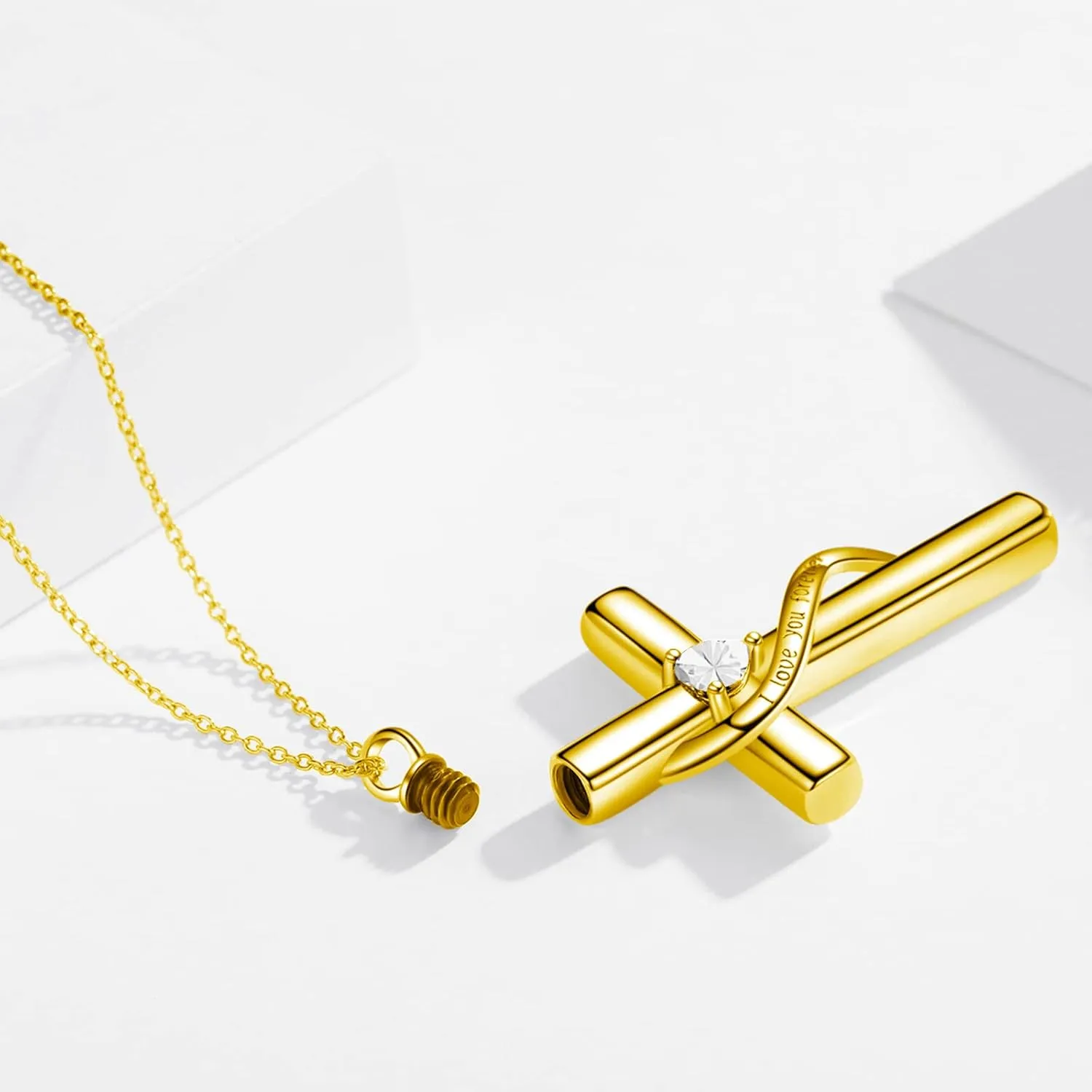 SOULMEET Personalize Solid 10k 14k 18k Real Gold Birthstone Cross Locket for Ashes, Simulated Gemstone Cross Urn Necklaces with Gold Chain Keepsake Cremation Jewelry