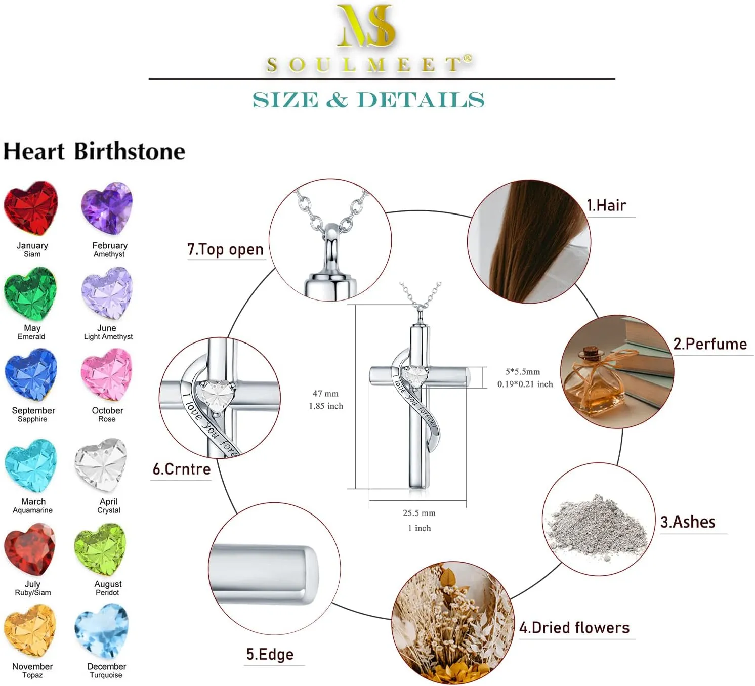 SOULMEET Personalize Solid 10k 14k 18k Real Gold Birthstone Cross Locket for Ashes, Simulated Gemstone Cross Urn Necklaces with Gold Chain Keepsake Cremation Jewelry