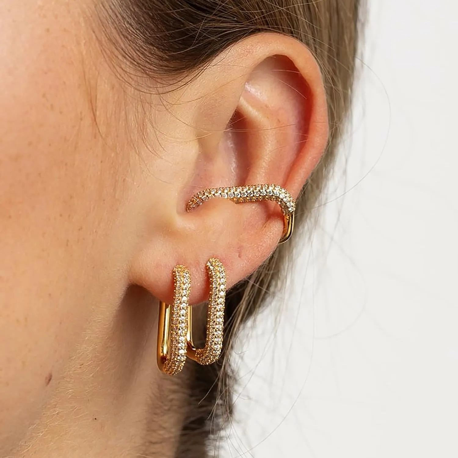 Square Ear Cuff Earrings with Pave Cz for Women - Conch Ear Wrap - 925 sterling silver 18k Gold Plated