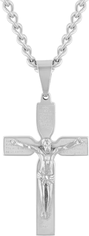 Stainless Steel Lords Prayer Episcopal Cross Crucifix Pendant on 24" Twisted Curb Chain Necklace