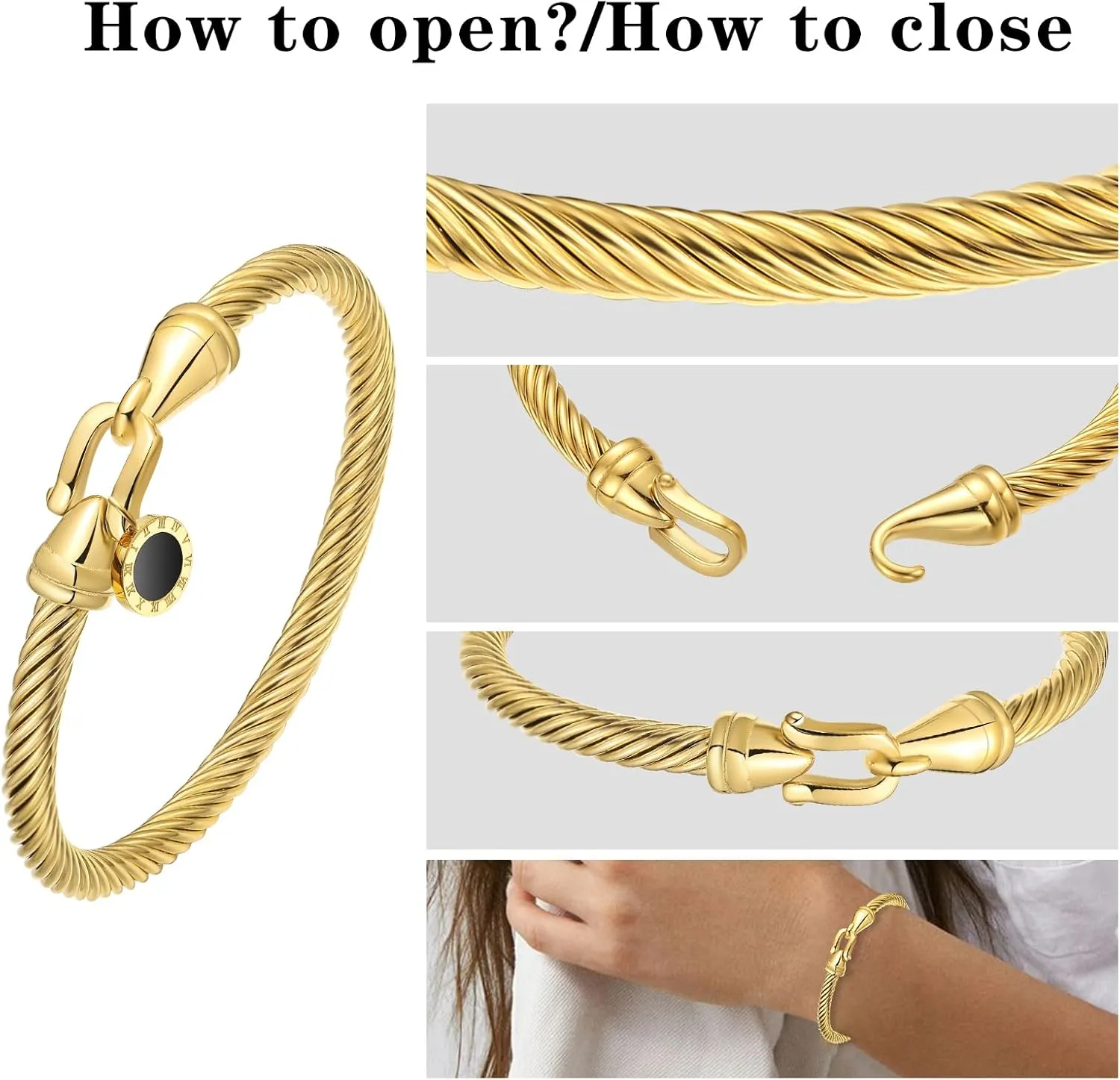 Stainless Steel Twisted Cable Wire Bracelets with Hook Adjustable Cuff Bangle Bracelet Vintage Jewelry Gift for Women